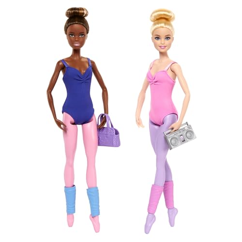 Barbie Ballettstudio Set mit 2 Puppen und 9 Zubehörteilen, blonde und brünette Ballerina-Modepuppen mit zusätzlichem Outfit und zum Tanzmotto passenden Teilen, HXC37, [Mehrfarbig] von Barbie