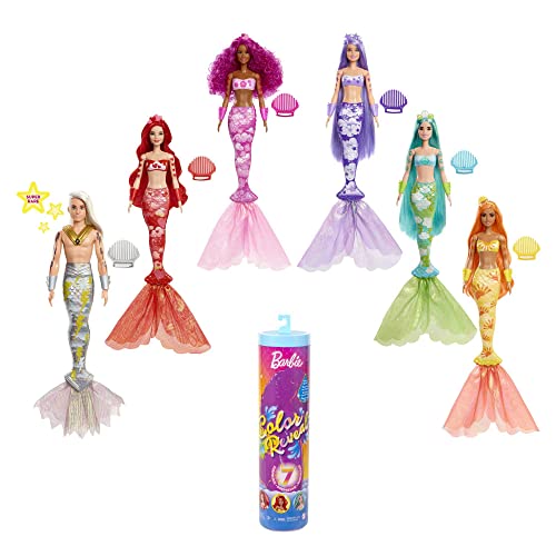 Barbie HCC46 - Color Reveal Meerjungfrauenpuppe mit 7 Überraschungen beim Auspacken: Metallic-Blau mit Regenbögen; Wasser enthüllt volles Aussehen & Farbwechsel; Geschenk für Kinder ab 3 Jahren von Barbie