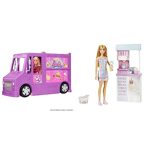 Bundle aus Barbie Food Truck Vehicle Playset mit 30+ Zubehör, + Barbie You Can Be Anything Series, Ice Cream Parlour, 1 x Barbie Puppe mit blonden Haaren, Spielzeug ab 3 Jahren von Barbie