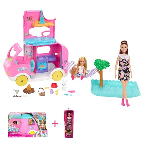 Barbie Bundle Pack - Chelsea 2-in-1-Camper (HNH90) + Fashionistas Puppe (HBV19) mit brünetten Haaren, Pool, Hängematte und Essbereich, Etui-Kleid mit Blumen-Muster, für Kinder ab 3 Jahren von Barbie