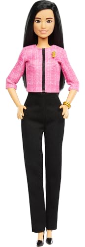 Barbie Careers Puppe & Zubehör, Future Leader mit schwarzen Haaren tragen Outfit mit 2 goldenen Armbändern & "B" Pin, inklusive Aufkleber für Kinder von Barbie