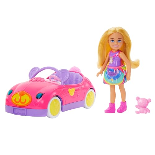 Barbie Chelsea-Puppe und Spielzeugauto-Set mit Cabrio im Bären-Design und Teddybär, Blonde kleine Puppe mit abnehmbarem Rock und Schuhen, HXN05 von Barbie