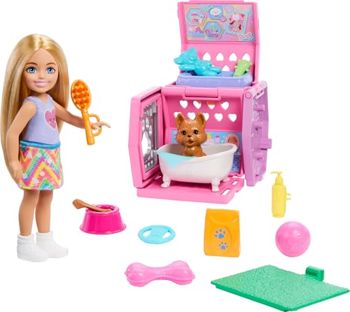 Barbie Chelsea Puppy Carrier Spielset, Blonde kleine Puppe und Zubehör, Hundetrage mit Welpen-Spielfiguren von Barbie