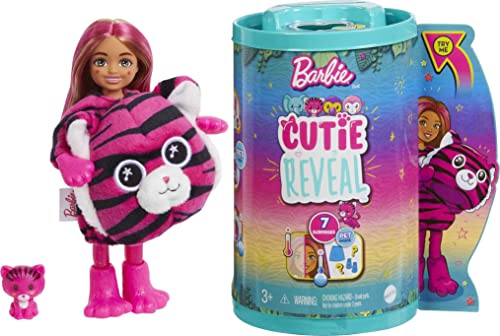 Barbie Cutie Reveal, Chelsea-Puppe mit Tiger-Accessoires, 7 Überraschungen, Haustier, Farbwechseleffekt, inkl Cutie Reveal Puppe, Geschenk für Kinder, Spielzeug ab 3 Jahre,HKR15 von Barbie