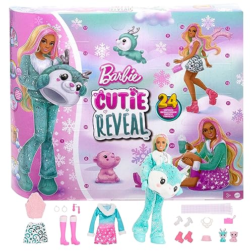 Barbie Cutie Reveal Adventskalender - 24 Überraschungen, Puppe, Glitzerrentier, Winteroutfits, Accessoires, Minihaustiere, für Kinder ab 3 Jahren, HJX76 von Barbie