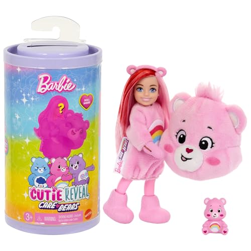 Barbie Cutie Reveal Chelsea-Puppe und Accessoires, Glücksbärchis-Reihe, kleine Puppe mit Plüschkostüm und 6 Überraschungen (Stile können abweichen), JCN97 von Barbie