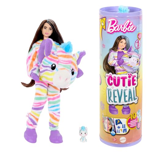 Barbie Cutie Reveal Puppe und Accessoires, Regenbogen-Zebra-Plüschkostüm und 10 Überraschungen mit Farbwechsel, Color Dream-Reihe, HRK39 von Barbie