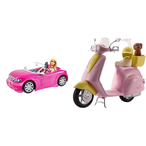 Barbie DJR55 - Puppe und Cabrio in rosa mit Glitzer, realistische Reifen Logo, Spielzeug ab 3 Jahren & FRP56 - Motorroller, pink, Spielzeug ab 3 Jahren von Barbie