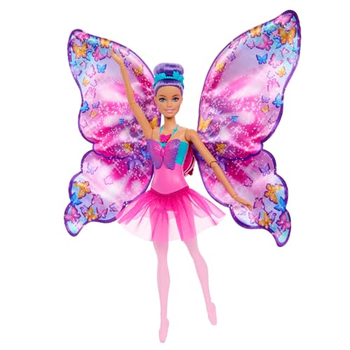 Barbie Tanz und Flatter Puppe mit 2-in-1-Verwandlung von der Tänzerin zum Schmetterling mit sich öffnenden Flügeln, violetten Haaren, Haarschmuck und abnehmbarem Tutu, HXJ10 von Barbie