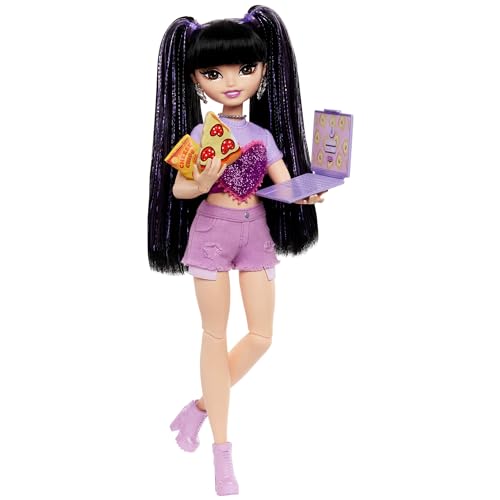 Barbie Dream Besties Puppe und Accessoires, bewegliche Barbie Renee Modepuppe mit langem schwarzem Haar, 11 Teile zum Thema Video und Essen, HYC24 von Barbie