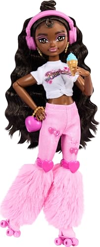 Barbie Dream Besties Puppe und Accessoires, bewegliche Brooklyn“ Rollschuh-Modepuppe mit braunem Haar, 9 Zubehörteile zum Thema Musik und Video, JFX97 von Barbie