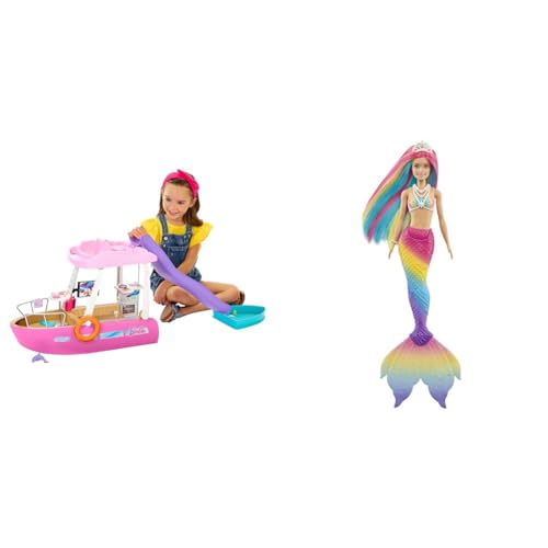 Barbie Dream Boat (111 cm), Set Boot, Rutsche und Schwimmzeug & Dreamtopia Rainbow Magic Mermaid, Meerjungfrau mit Regenbogenhaaren von Barbie