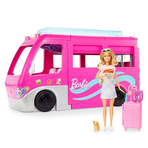 Barbie Bundle, Barbie Super-Abenteuer-Camper Fahrzeug-Spielset (HCD46) + Barbie-Reise-Puppe und Zubehör (HJY18), 2 Spielzeuge für Kinder + 3 Jahre von Barbie