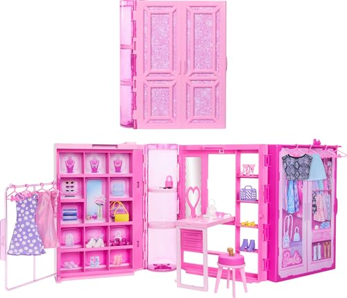 Barbie Dream Closet Spielzeug Spielset & Aufbewahrung mit Kleidung & Zubehör, 91 cm breit mit 25+ Teilen, enthält 4 komplette Mode-Looks von Barbie