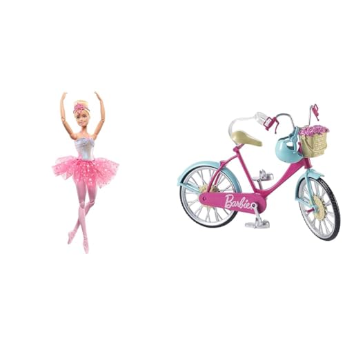 Barbie Dreamtopia Ballerina Puppe, Twinkle Lights Ballerina & Fahrrad, Fahrrad mit Blumenkorb, bewegliche Räder, rosa Fahrrad Puppe, Puppe, Geschenk für Kinder, Spielzeug ab 3 Jahre,DVX55 von Barbie