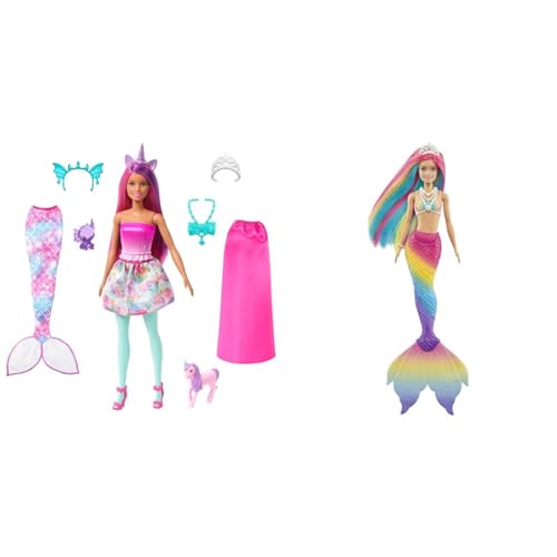 Barbie Dreamtopia Puppe Kleidung und Zubehör für Looks 18+ & Dreamtopia Rainbow Magic Mermaid, Meerjungfrau mit Regenbogenhaaren von Barbie