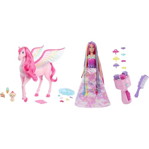 Barbie Ein Verborgener Zauber Pegasus & HNJ06 - Puppe mit geflochtenem Haar und Regenbogen-Haarverlängerungen, inklusive Utensil zum Drehen und weiterem Zubehör, Puppenspielzeug für Kinder ab 3 Jahren von Barbie