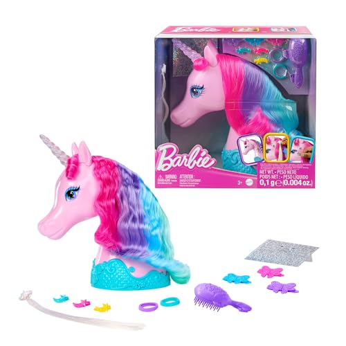 Barbie Einhorn-Styling-Kopf - 10 Zubehörteile, Glitzer-Aufkleber, Aufbewahrungsbehälter, für Kinder ab 3 Jahren, HMD83 Barbie Einhorn-Styling-Kopf - 10 Zubehörteile, Glitzer-Aufkleber, Aufbewahrungsbehälter, für Kinder ab 3 Jahren, HMD83 von Barbie