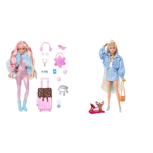 Barbie Extra Fly - Reisepuppe mit Winter-Outfit und Zubehör & Extra Fancy, blonden Haaren und hellblauen Strähnchen, Paisley-Rock und -Jacke von Barbie