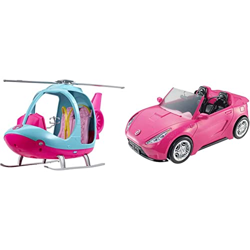 Barbie FWY29 - Hubschrauber in Pink und Blau[Exklusiv bei Amazon] & DVX59 - Cabrio Fahrzeug, in pink, mit Platz für 2 Puppen, Puppen Zubehör von Barbie