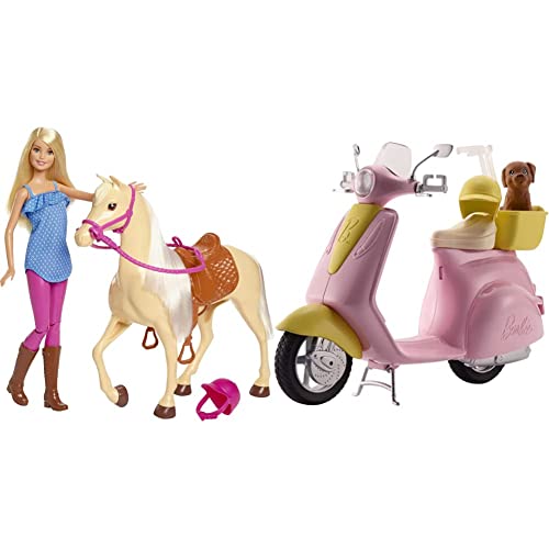 Barbie FXH13 - Pferd mit Mähne und Puppe mit beweglichen Knien, Puppen Spielzeug und Puppenzubehör ab 3 Jahren & FRP56 Motorroller, pink von Barbie