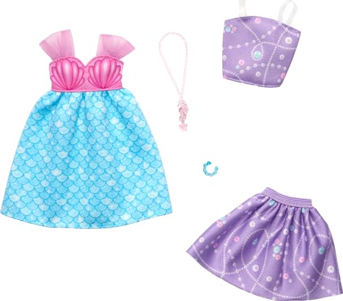 Barbie Fashions 2er-Pack Bekleidungsset, 2 Outfits für Barbie Puppe enthalten Meerjungfrau Themed Kleid, Oberteil & Rock & 2 Accessoires von Barbie