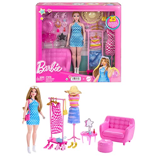 Barbie - Fashion-Set mit Puppe und Kleiderschrank-Set mit Kleidung, Zubehör und Lounge-Möbeln, langanhaltender Styling-Spaß, für Kinder ab 3 Jahren, HPL78 von Barbie