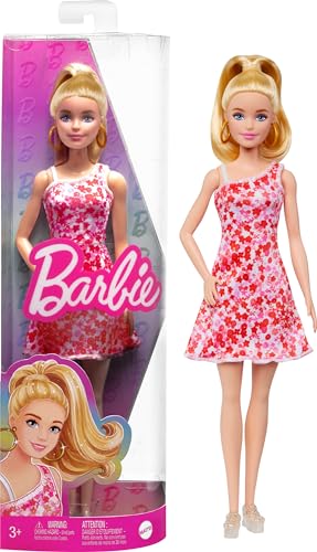 Barbie Fashionistas Nr. 205 - Puppe mit blondem Pferdeschwanz und süßem Blumenkleid, Plateau-Sandalen und großen Ohrringen, für Kinder ab 3 Jahren, HJT02 von Barbie