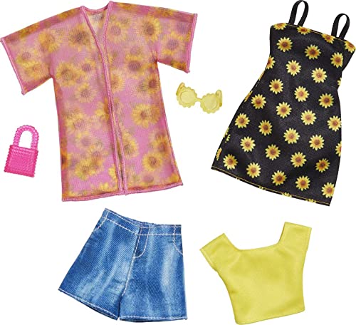 Barbie Fashions 2er-Pack, 2 Outfits & 2 Accessoires: Hemd, Shorts & Kimono, ärmelloses Sonnenblumenkleid, Geldbörse & Sonnenbrille, Kinder ab 3 Jahren von Barbie