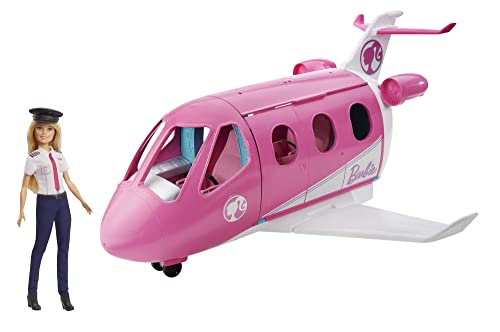 Barbie Flugzeug mit Pilotin Barbie Puppe, mit beweglichen Räder und 15x Barbie Zubehör inkl. Haustier und Trolley, in rosa, Spielzeug ab 3 Jahre, GJB33 von Barbie