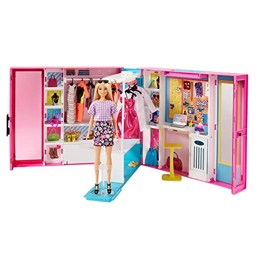 Barbie GBK10 - Traum Kleiderschrank mit Blonder Puppe, +25 Zubehörteilen, 60 cm, +10 Aufbewahrungsbereiche, Ganzkörperspiegel, Tisch, Kleiderstange, 4 Outfits, Geschenk für Kinder von 3 bis 7 Jahren von Barbie