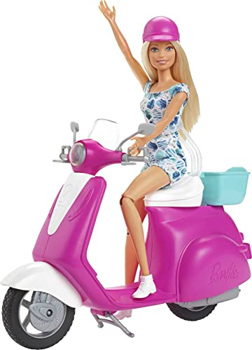 Barbie GBK859633-UP Puppe, blond, mit pink-weißem Motorroller mit Ständer und türkisfarbenem Korb von Barbie