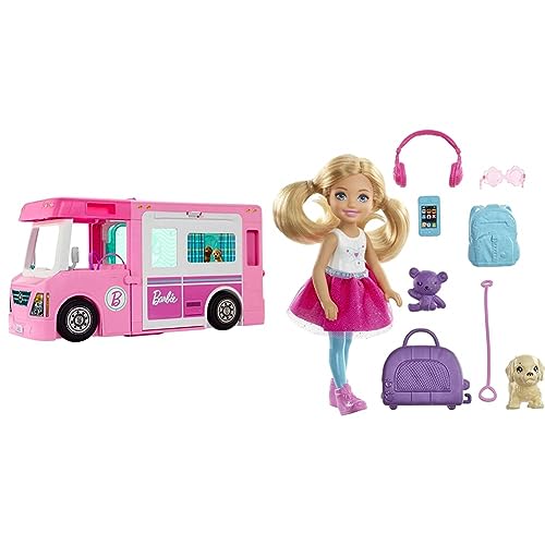 Barbie GHL93-3-in-1 Super Abenteuer-Camper, ca. 91 cm & Chelsea Serie, Chelsea Puppe mit Hund, Leine, Rucksack, Kopfhörer, Sonnenbrille von Barbie