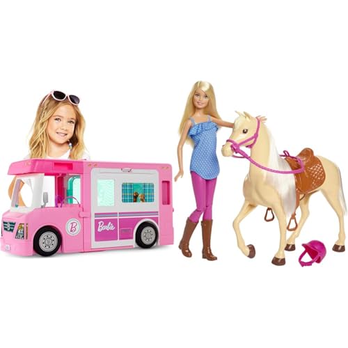 Barbie GHL93 - 3-in-1 Super Abenteuer-Camper + Barbie FXH13 - Pferd mit Mähne und Puppe mit beweglichen Knien, Puppen Spielzeug und Puppenzubehör, ab 3 Jahren von Barbie