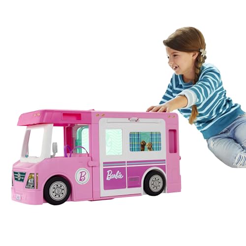 Barbie 3-in-1 Super Abenteuer-Camper mit Zubehör, Pool, umbaubarem Truck, Barbie-Boots, 60 Barbie-Camping-Zubehörteilen, ohne Barbie-Puppe, als Geschenk für Kinder ab 3 Jahren geeignet, GHL93 von Barbie