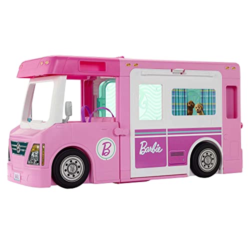 Barbie 3-in-1 Super Abenteuer-Camper mit Zubehör, Pool, umbaubarem Truck, Barbie-Boots, 60 Barbie-Camping-Zubehörteilen, ohne Barbie-Puppe, als Geschenk für Kinder ab 3 Jahren geeignet, GHL93 von Barbie