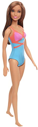 Barbie GHW40 - Beach Puppe (brünett), mit Badeanzug in Blau, Pink und Orange, Spielzeug für Kinder von 3 bis 7 Jahren von Barbie