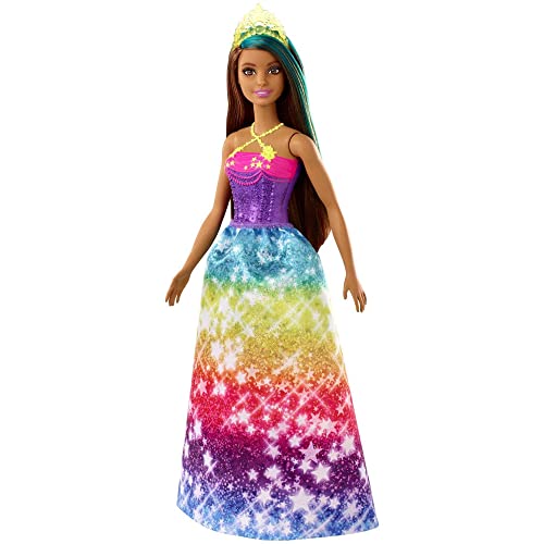 Barbie GJK14 -Dreamtopia Prinzessinnen-Puppe, ca. 30 cm groß, brünett mit türkis gesträhnter Haarpartie, mit Regenbogen-Rock und Diadem, Spielzeug Geschenk für Kinder im Alter von 3–7 Jahren von Barbie