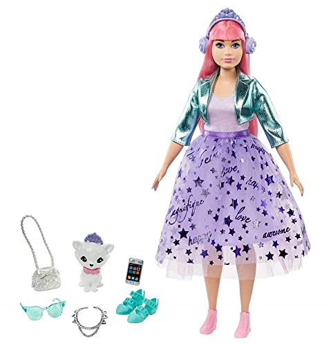 Barbie GML77 - Prinzessinnen-Abenteuer Daisy-Puppe mit Mode (ca. 30 cm), kurvig und mit pinken Haaren, mit Kätzchen, Diadem, 2 Paar Schuhe und Accessoires, für Kinder von 3 bis 7 Jahren von Barbie