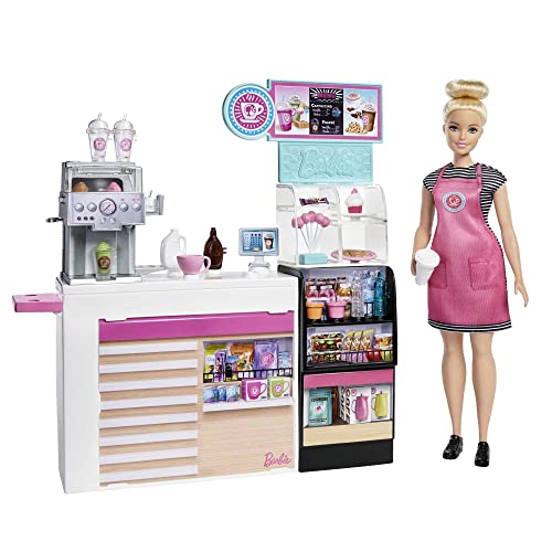 Barbie GMW03 - Naschcafé Spielset, kurviger Blonde (30,4 cm), +20 realistische Spielteile: Maschine, Milch, Sirup, Kaffeebecher, Wasserflaschen, Süßigkeiten, Snacks und mehr, ab 3 Jahren von Barbie