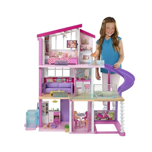 Barbie Puppenhaus, Barbie Traumvilla (ohne Barbie Puppe), komplett möbliert, 3 stöckig, 8 Zimmer inkl. Pool, Rutsche und Aufzug, 70 Accessoires, Spielzeug ab 3 Jahre, GNH53 von Barbie