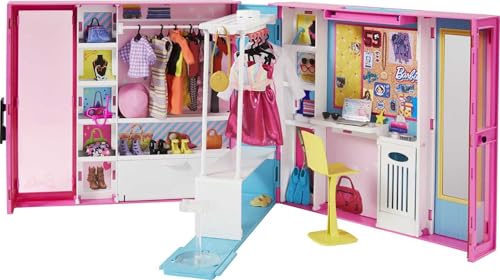 Barbie GPM43 - Traum Kleiderschrank mit 30+ Zubehörteilen, ca. 60 cm breit, 10+ Aufbewahrungsbereiche, mit Ganzkörperspiegel, kleiner Tisch & sich drehender Kleiderstange, inkl. 5 Outfits, ab 3 Jahren von Barbie