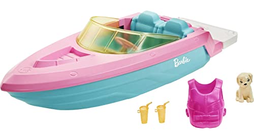 Barbie Speedboat, rosa Schwimmweste, rosa, blaues und weißes Boot, Welpe, Accessoires, Puppen, Geschenk für Kinder, Spielzeug ab 3 Jahre,GRG29 von Barbie