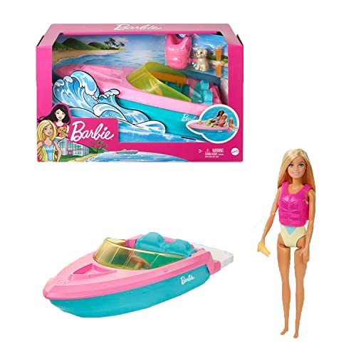 Barbie Speedboat Set, Barbiepuppe mit blonden Haaren, rosa Schwimmweste, Boot, Welpe, Zubehör, Geschenke für Kinder ab 3 Jahren,GRG30 von Barbie
