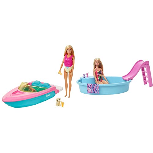 Barbie GRG30 - Puppe und Boot mit Hündchen und Zubehör, Treibt im Wasser, Geschenk für Kinder von 3 bis 7 Jahren & GHL91 - Pool mit Rutsche und Puppe (blond) Spielset, Puppenzubehör, ab 3 Jahren von Barbie