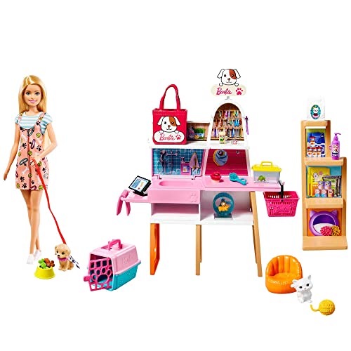 Barbie Pet Salon, 1x Puppe mit blonden Haaren, Welpe, Kätzchen, Haustierzubehör, Zubehör, 25 Teile, Farbwechseleffekt, Geschenke für Kinder ab 3 Jahren, GRG90 von Barbie