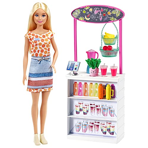 Barbie GRN75 - Wellness Smoothie Bar Spielset mit blonder Barbie, Saftbar und 10 Zubehörteile, Spielzeug ab 3 Jahren von Mattel