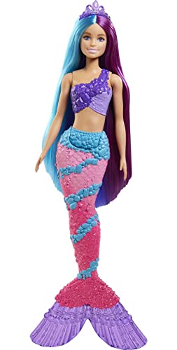 Barbie Dreamtopia Regenbogen Magie Meerjungfrau, Meerjungfrau mit Teal, blau und lila Haar und lila Krone, detaillierte Meerjungfrau Schwanzflosse, Puppe enthalten, als Geschenk geeignet von Barbie