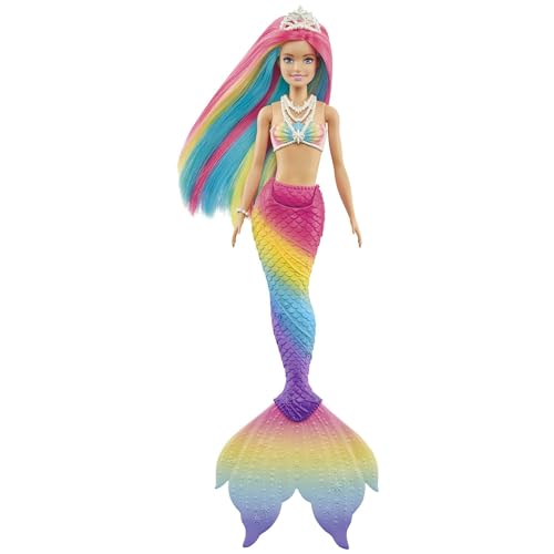 Barbie Dreamtopia Rainbow Magic Mermaid, Barbie Meerjungfrau mit Regenbogenhaaren, Farbwechselpuppe durch Wasser aktiviert, Spielzeug ab 3 Jahren, Geschenk für Mädchen, GTF89 von Barbie