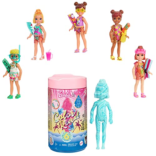 Barbie GTT25 - Chelsea Color Reveal Puppe, Sand Sonne Sortiment, mit Enthüllungseffekt mit 1 Überraschungspuppe und 6 weiteren Überraschungen, Spielzeug für Kinder von 3 bis 8 Jahren von Barbie